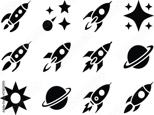 Cosmic rocket ship and star icons collection for space exploration and science fiction adventures silhouette