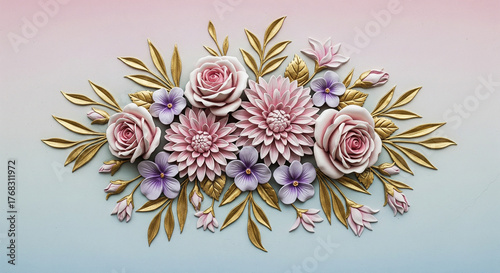 Regal Floral 3D Relief Mural with Roses, Dahlias, and Violets. Majestic 3D Wall Mural. floral landscapes. 3d floral art, floral wallpaper, Luxurious textile tile wall art