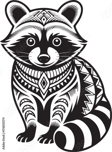 Monochromatic tribal pattern featuring a stylized raccoon illustration