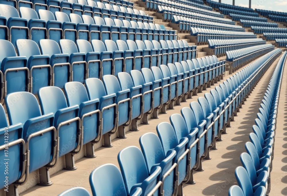 Fototapeta premium Rows of empty blue stadium seats create a modern and inviting atmosphere