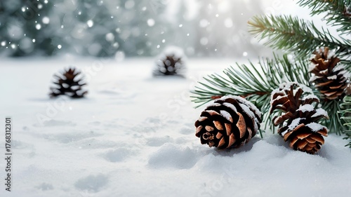 Winter Pine Cones on Snow with Evergreen Branches and Soft Falling Snowflakes
