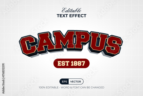 Campus Text Effect 3D Curved Varsity Style. Editable Text Effect.