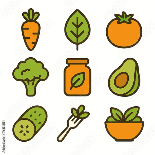 Colorful Vegan Food Icons A Healthy Eating Concept.