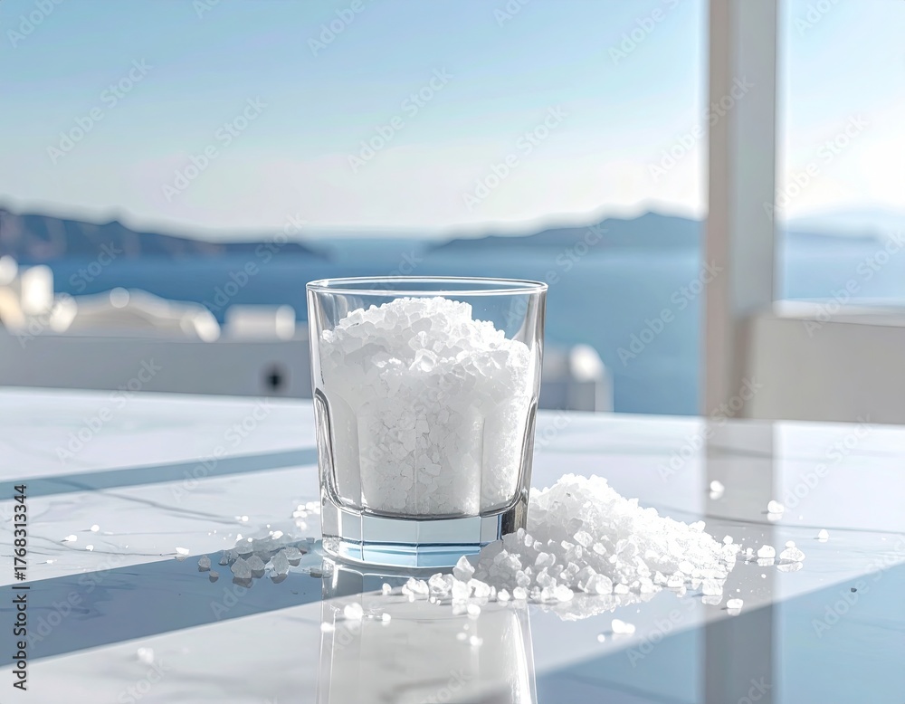 Naklejka premium Close Up of Glass Filled with White Crystalline Substance on a Marble Table against Blurred Sea View