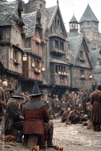 Medieval doctors with plague caps treat the sick in a port city as the plague rages on