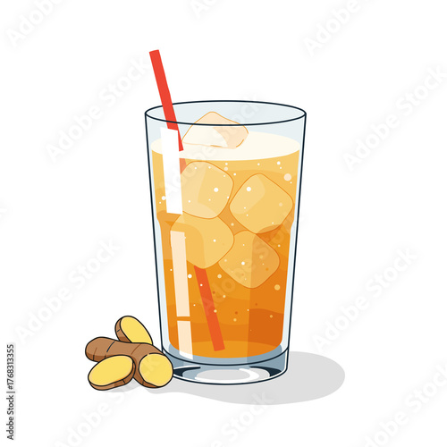Glass of ginger beer with ice and ginger root on white background  