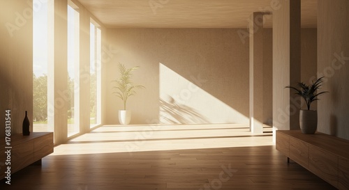 Sunlit Modern Interior, Minimalist Design with Plants and Natural Light Enhancing Spaciousness