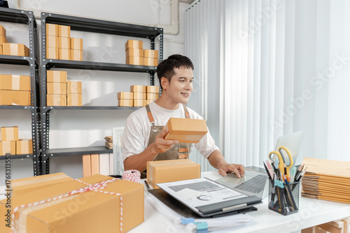 Ecommerce concept with startup entrepreneur handling goods, showing online store operations, digital retail solutions, and the role of innovation in global small business development.