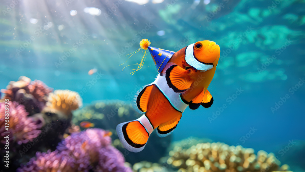Fototapeta premium Underwater Delight A Playful Clownfish Sporting a Festive Party Hat Swimming Amidst Vibrant Coral Reefs in a Sunlit Ocean Depths Aquatic Celebration