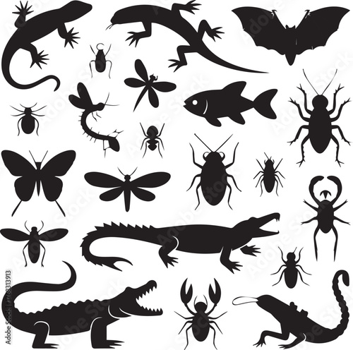 Collection of silhouetted insects reptiles and amphibians