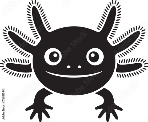 Cute black and white cartoon axolotl face with frilly gills
