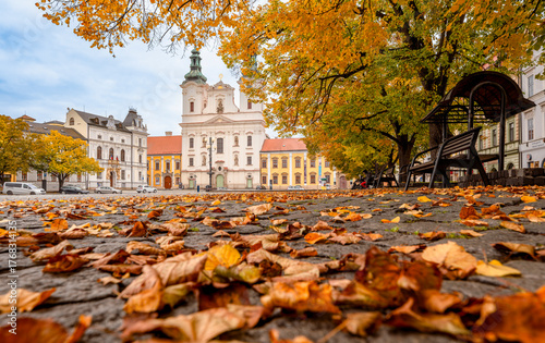 City, architecture, square, Uherské Hradiště, center, history, fountain, church, trees, cathedral