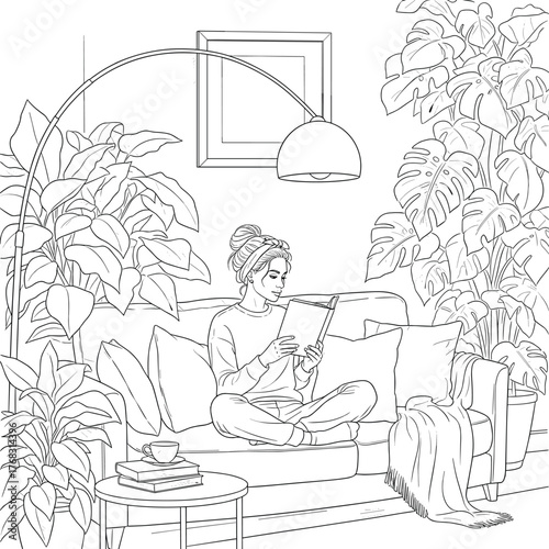 Detailed Outline Woman Reading on Sofa Surrounded by Houseplants Vector, Cozy Indoor Lifestyle Sketch