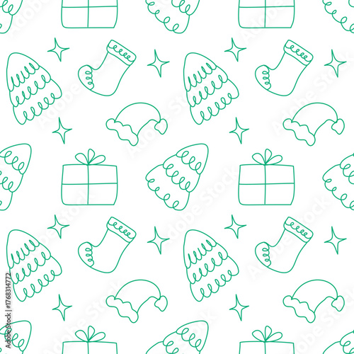 Hand Drawn Christmas Seamless Pattern Vector, Minimalist Gift and Stocking Doodle
