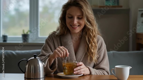 A woman enjoys a warm cup of tea while sitting at a sunlit kitchen table, creating a peaceful morning atmosphere
