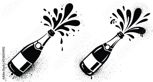 Exploding Champagne Bottle Vector Splash Black and White Illustration.