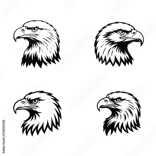 Set of four stylized eagle head illustrations, capturing the powerful and majestic essence of these birds of prey in a graphic art style