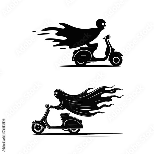 A ghostly figure in a flowing black cloak races on a vintage scooter, symbolizing fast delivery and spooky fun. This whimsical vector illustration combines horror and humor for a unique design element