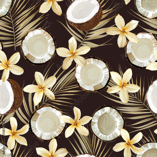 Vector tropical pattern. Coconut, palm tree, tropical flower.