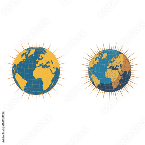 Vector illustration set of two globes with continent outlines, sunburst effect, ideal for global concepts, travel, and environmental designs