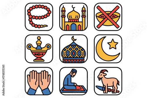 Set of Islamic cultural icons featuring prayer beads, mosque, fasting, holy symbols, and religious rituals