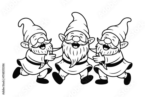 Three merry dwarf characters in pointy hats singing and dancing together, a cute fantasy line art graphic showcasing friendship and happiness for children