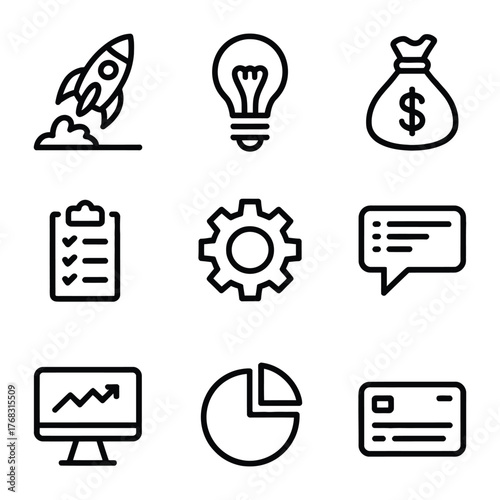 Business startup finance and strategy icons including rocket lightbulb money bag launch idea