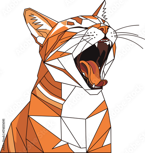 Geometric Low Poly Cat Yawning Vector Illustration, Abstract Polygonal Kitten Portrait Design