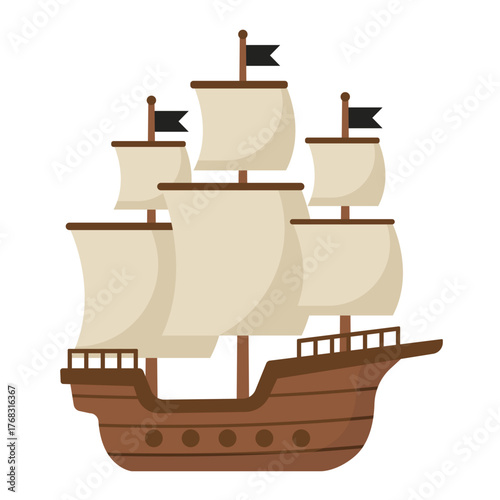 Cartoon Pirate Ship with Sails and Flags Illustration