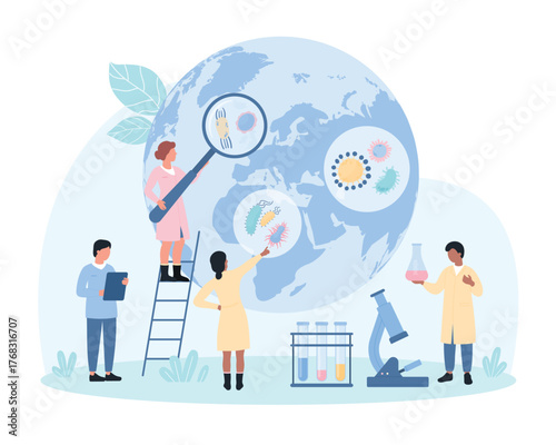 Epidemiology, research methods of disease prevention vector illustration. Cartoon tiny people with magnifying glass study viruses and bacterias, microscopic organisms in water on globe of Earth