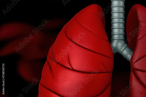 Realistic Red Human Lung Anatomy on Black Background for Medical and Educational Use