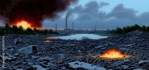 Devastated Landscape with Smoke and Flames, Ruined Factory and Wreckage Surrounding Water