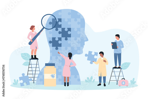 Mental health support, psychology vector illustration. Cartoon tiny people analyze puzzle jigsaw inside head, psychologists research cognitive problems of personality and mind disorders together