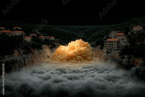 Dramatic Eruption of Eerie Clouds Over a Mountain Village Surrounded by Lush Wilderness