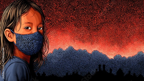 Young child wearing a protective mask with dramatic red and blue background art