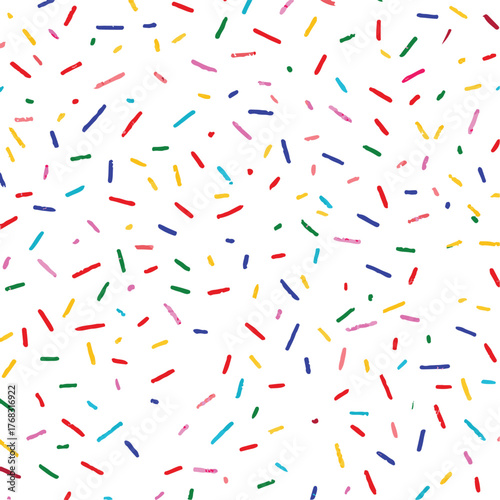 Seamless pattern of colorful candy sprinkles. Fun festive background for cake and donut topping decoration. Vector illustration isolated on white.