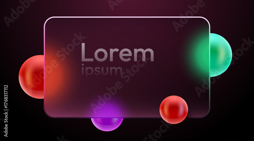 Modern glassmorphism frame with colorful balls on a dark background.