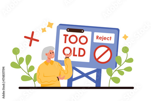 Age discrimination in hiring, ageism, unequal rights and difficulty in careers for older people. Tiny sad old woman with Too Old stamp on CV, social ethics problem cartoon vector illustration