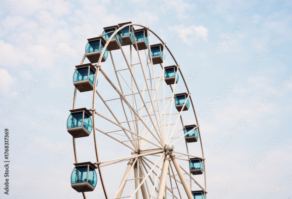 Fototapeta premium Modern ferris wheel with blue cabins against a clear sky backdrop