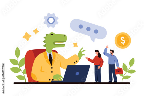 Outdated corporate leader with arrogant behavior of despot and dictator. Tiny people trying to share opinion with giant dinosaur businessman sitting at desk with laptop cartoon vector illustration