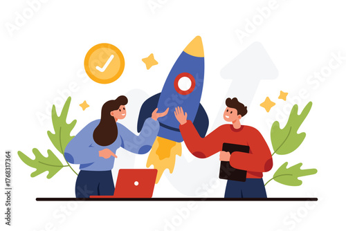 Success of business project launch. Tiny people start new creative innovation idea and develop modern product for future implementation, boost speed engine of rocket cartoon vector illustration