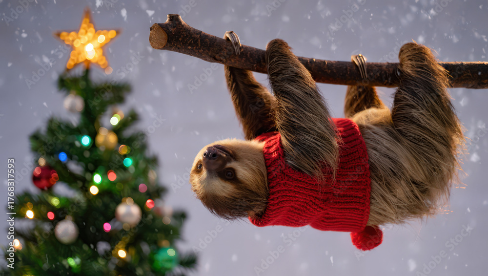 Obraz premium Sloth's Joyful Winter A Charming Scene of a Sloth Hanging Upside Down from a Branch Near a Decorated Evergreen Tree with a Star Topper Holiday Animal