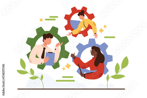 Development and productivity of strong dedicated team. Company cooperation and corporate teamwork structure with effective roles for employees, parts of gear mechanism cartoon vector illustration