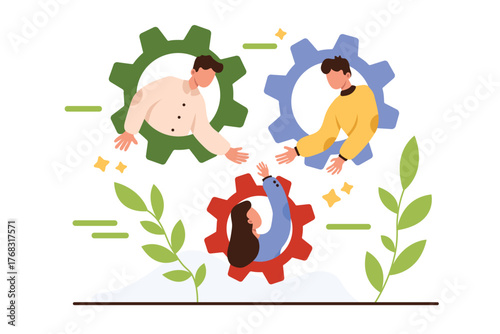 Solidarity, support and union of employees, incentive to work as strong dedicated team. Colleagues inside gears meeting hands together, teamwork of united tiny people cartoon vector illustration