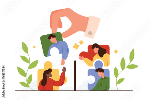 Qualified employees search for effective teamwork. Giant hand of employer or boss holding up puzzle piece with portrait of new employee to match with colleagues team cartoon vector illustration