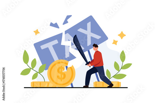 Tax cut, corporate company or government strategy. Tiny man breaking word Tax with sword to reduce deductions burden and avoid loss of money profit and expenses return cartoon vector illustration