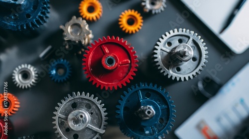 Several precision gears of different sizes and colors interlock with each oth...