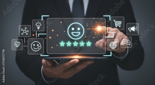Business professional interacting with a digital customer satisfaction feedback interface on a tablet deviceStock photo for website - Business and technology concept photo