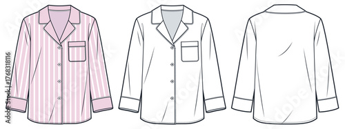Pajama Shirt Fashion Flat Sketch. Striped Button Up Shirt fashion flat technical drawing template, three- quarter sleeves, front and back view, white, pink, women, men, unisex CAD mockup.