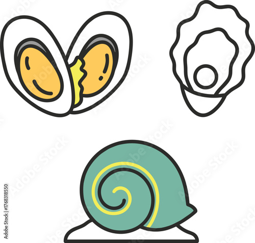 Simple Line Icon Set of Seafood and Snail Vector, Cute Mussel, Oyster, and Escargot Design